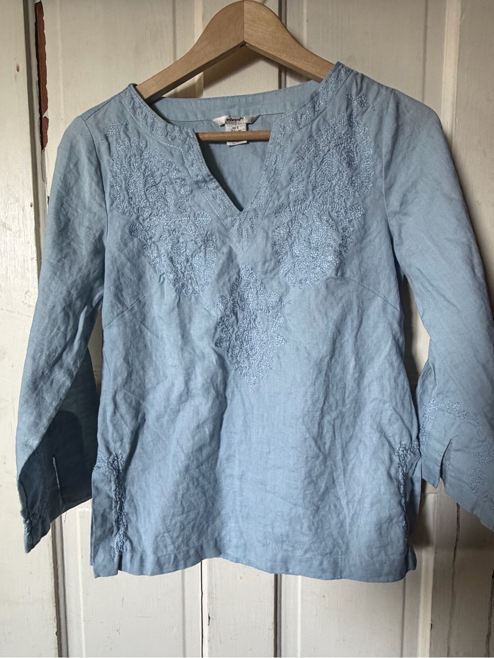 100% Linen Blue Embroidered V-Neck Women's Top
